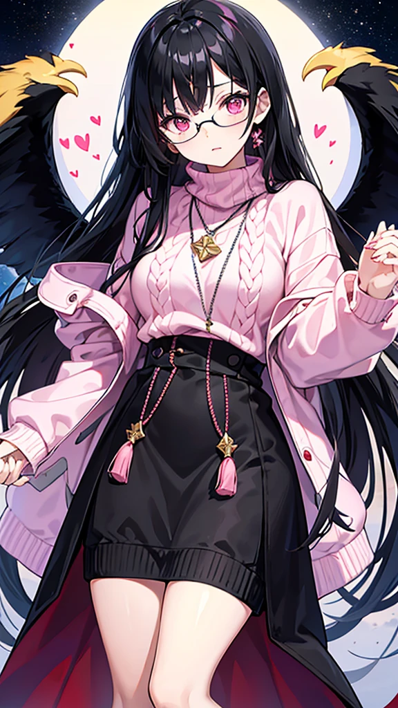 Black Hair　Long Hair　Glasses　Pink eyes　Knit dress　Joining hands in prayer　One female