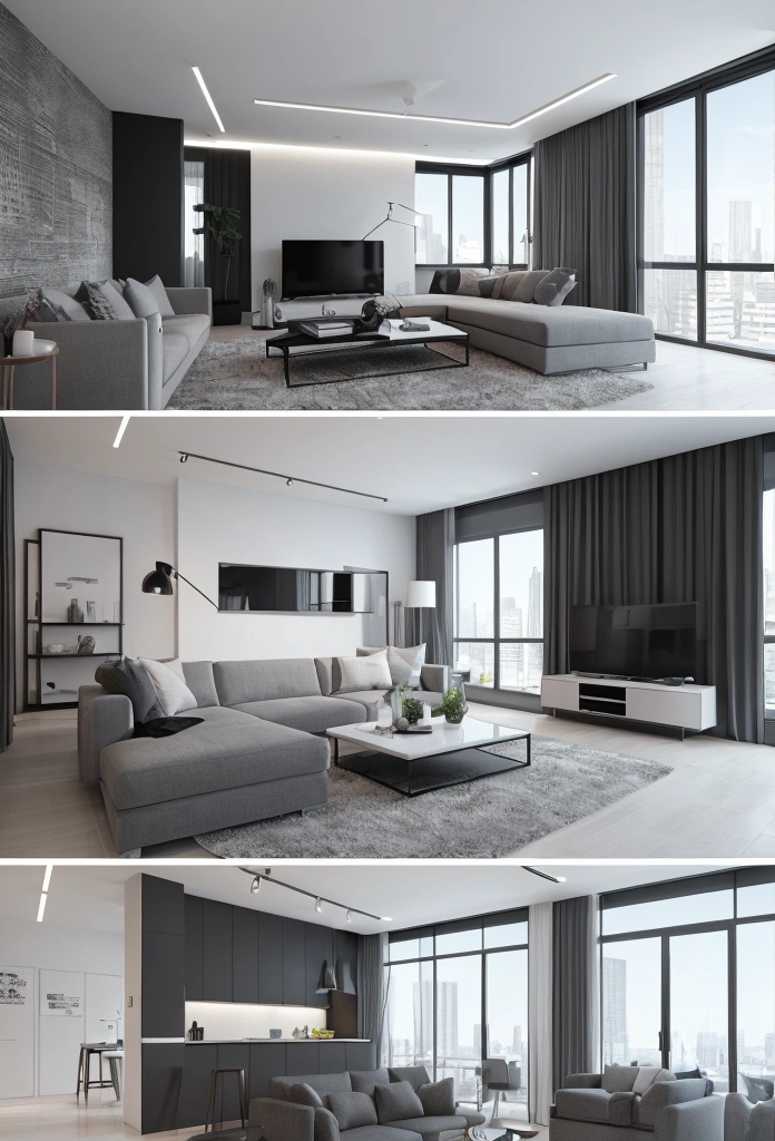 There is also a living room with a sofa., chair, Coffee table and TV, In the form of 3D rendering., High quality 3D rendering, High quality 3D rendering, apartment design, Professional 3D rendering, Stunning 3D renderings, Very realistic 3D rendering, Realistic 4D movie rendering, Excellent 3D rendering, Clean 3D rendering, Realistic CGI renders modern design in black, white and gray Model sitting on the sofa