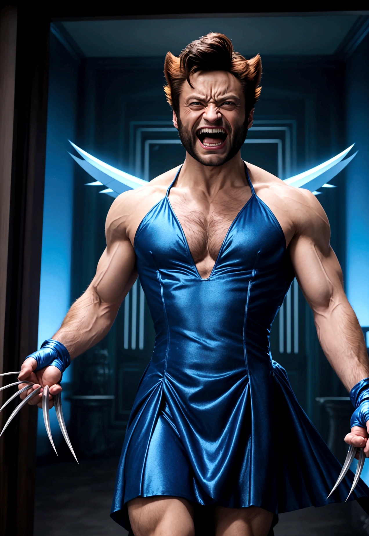 Marvel's Wolverine drunk at a , having fun, wearing a blue evening dress and laughing, X Men , X Men mansion