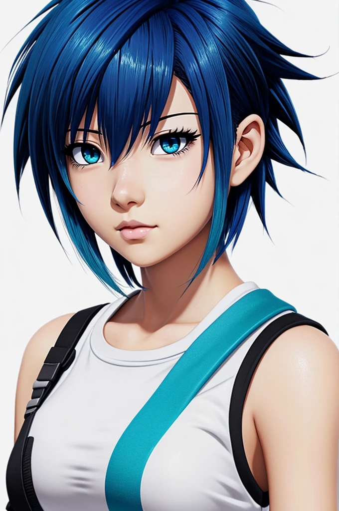 Drawn of a girl with short hair with blue tips of hair with black eyes and white skin with the style of the anime bnha