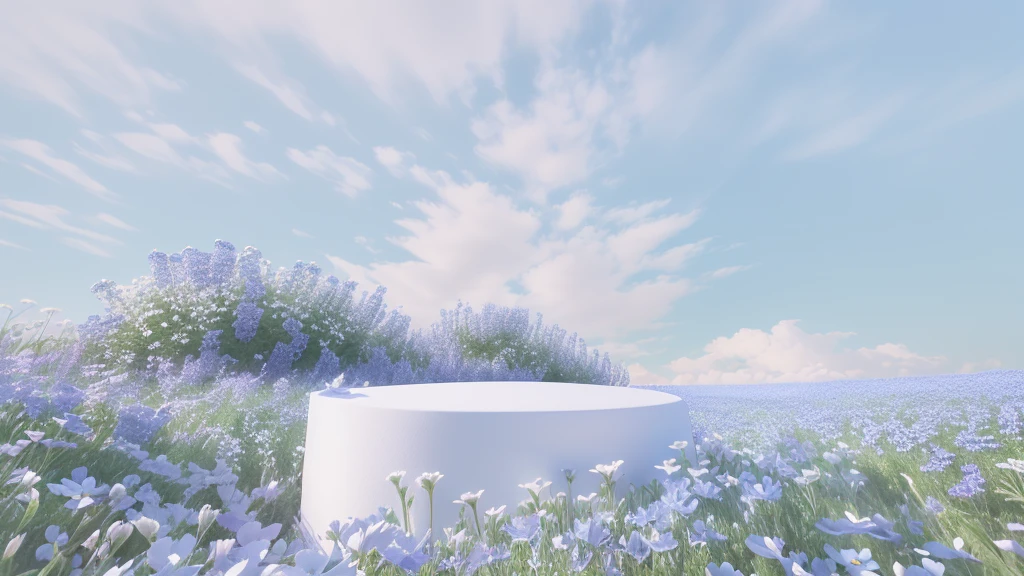 A white pedestal in a field of blue flowers, Beautiful landscape rendering, Soft 3d rendering, High-quality local rendering, blue realistic 3 d render, depicted as a 3 d render, A beautiful field of flowers, White and light blue tones, Clean 3D Rendering, On a white table, White and blue, Hyper-realistic 3D rendering
