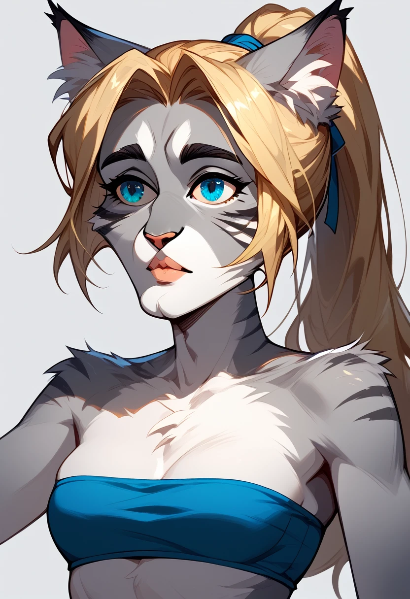 score_9, score_8_up, score_7_up Anthro furry cat girl, handsomize, Kat, silver furry body, blonde hair, blue eyes, hair in a ponytail, wearing blue bandeau, upper body shot, portrait, simple grey background, 