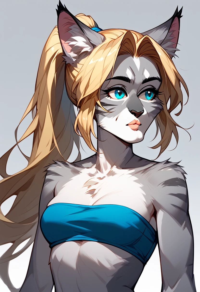 score_9, score_8_up, score_7_up Anthro furry cat girl, handsomize, Kat, silver furry body, blonde hair, blue eyes, hair in a ponytail, wearing blue bandeau, upper body shot, portrait, simple grey background, 