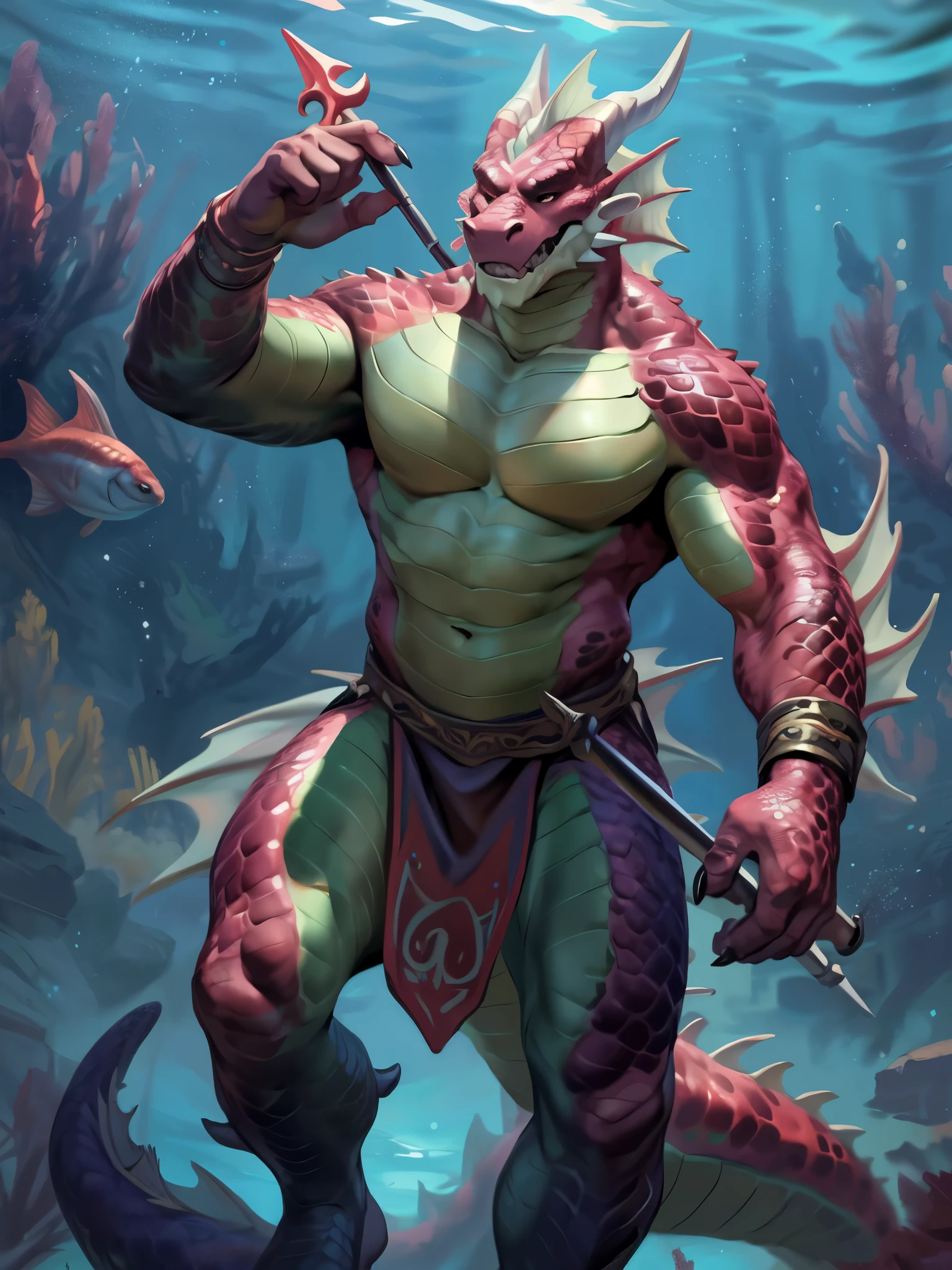 by chunie by catsudon by retros, anthro, bara, muscular, wide back, small waist, sea ​​monster, a male naga from world of warcraft holding, sea ​​snake, green skin, thick tail, (scales: 1.5), thick scales on the shoulders, white belly, oriental dragon whiskers, marked jaw, black claws, red fins with orange details, huge fins, fish fins on arms, fish fins on head, fish fins on tail, marine dragon, pecs, big pecs, aquatic tribal clothing, loincloth, holding a trident, a trident and showing a funny pervert face, underwater, submarine background, full body, (particles ,whater, blue glowing:1.3), detailed background, 8k hd, (dark shadows, wide dynamic range, hdr, low light:1.2), by Pino Daeni, canyne khai, milkytiger1145, (bara), [dagasi, yupa], (((detailed eyes))), sfw, dress
