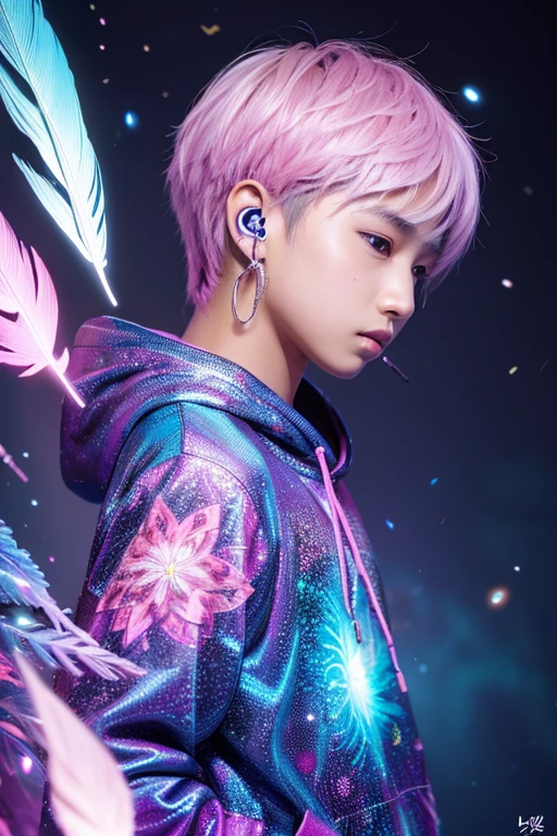 A beautiful boy with striking black eyes, light pink straight hair, glowing white skin, extremely detailed, fractal art elements, floral textures, dynamic pose, abstract background, glowing skin, many colors, earrings, feather, night scene, full of notes, decorative panel, abstract art background, side profile view
An adorable chipmunk with fluffy fur, silver blue outfit, hoodie, headphones, modern and inorganic background, bright lighting, vibrant colors, outside in the Many notes Korea idol