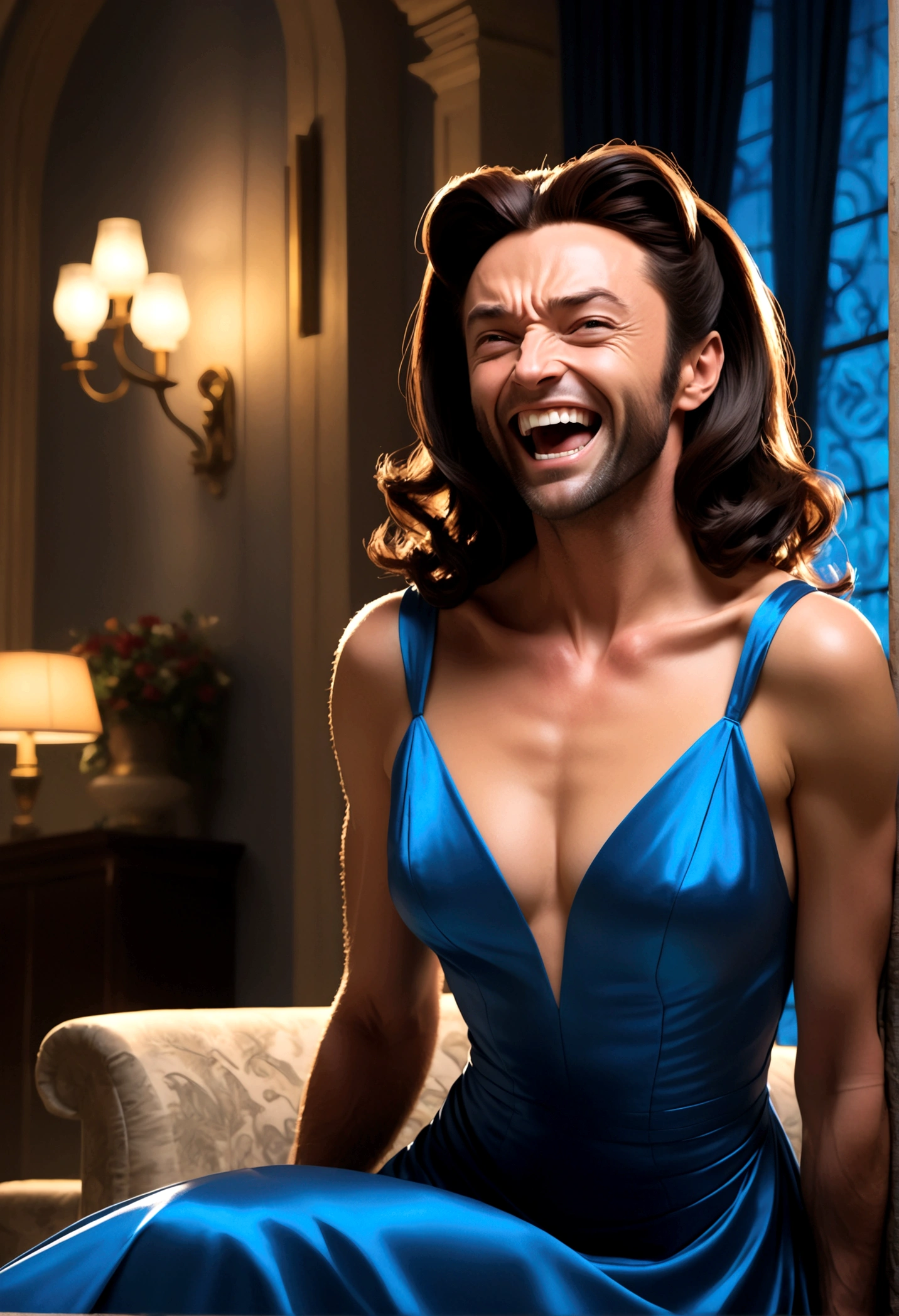 Marvel's Wolverine drunk at a , having fun, wearing a blue evening dress and laughing, X Men , X Men mansion
