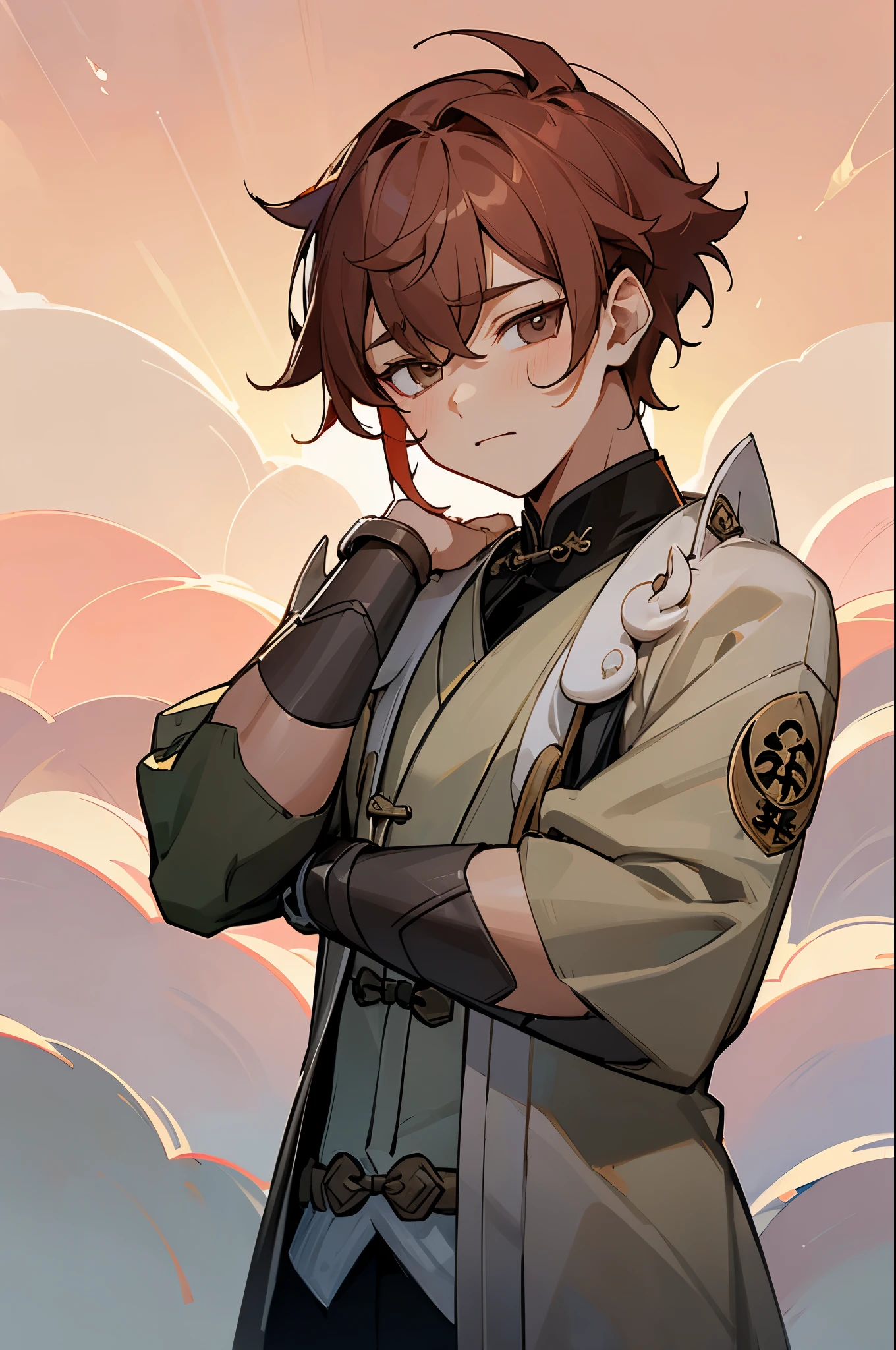 (masterpiece), (best quality), xiao, xiao (genshin impact), boy,solo,upper body, looking at viewer, overcast sky, clouds, sunset, oriental patterns