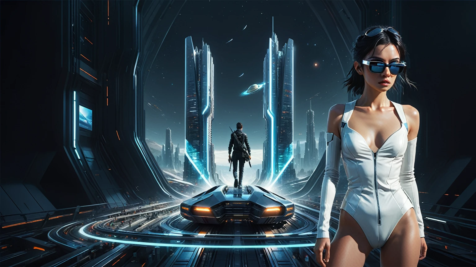 Brightly colored abstract aerial view image of a futuristic railway station with a spiral, a (((((futuristic all-glass train))))) passing by, epic beautiful space sci-fi, chaotic cinematic space rift, Greg Beeple, planets colliding, Beeple and Tim Hildebrandt, Beeple and Jean Giraud, end of the universe, (((((giant abstract sculpture))))), galaxy space sci-fi, ringworld, by Mike "Beeple" Winkelmann. Matrix style, (((((Matrix cascading code))))), (((((a futuristic twin tower skyscraper with a unique twisted design))))), (((((OLED GUI interfaces in the building))))), at night, (((((1girl, solo))))), photo realistic, (((large-breast:1.2 plump body, cleavage))), (((off broken mini sling-shirt and black sling bra, extreamly short pleated miniskirt exposing panty))), (((((running pose))))), (((((((matrix style black micro sunglasses))))))), ((((((((((aiming with a short gun)))))))))), (((((looking at camera))))), (((very low view))), (((((half-body thigh level medium shot))))), (((cinematic lighting))).