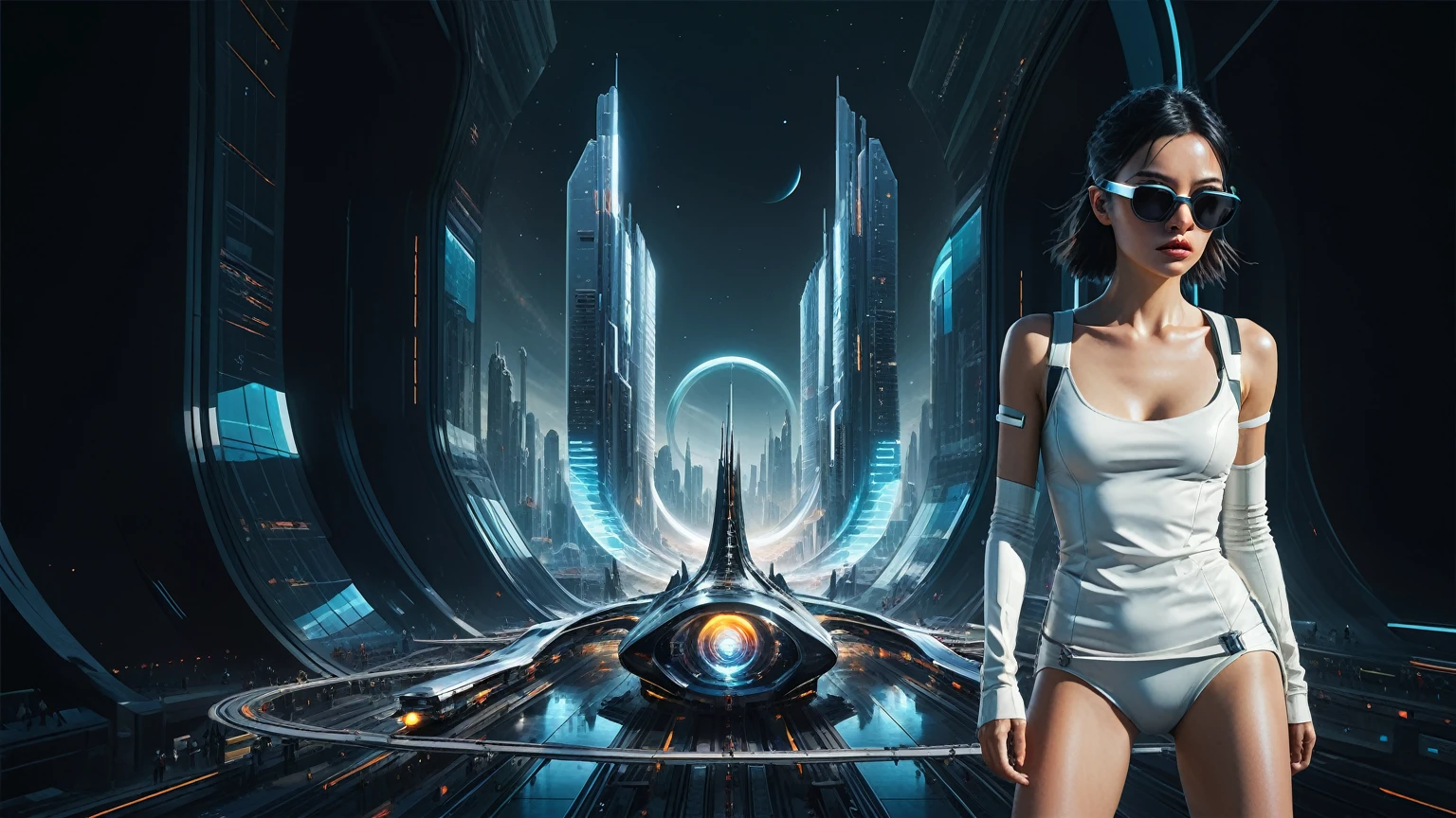 Brightly colored abstract aerial view image of a futuristic railway station with a spiral, a (((((futuristic all-glass train))))) passing by, epic beautiful space sci-fi, chaotic cinematic space rift, Greg Beeple, planets colliding, Beeple and Tim Hildebrandt, Beeple and Jean Giraud, end of the universe, (((((giant abstract sculpture))))), galaxy space sci-fi, ringworld, by Mike "Beeple" Winkelmann. Matrix style, (((((Matrix cascading code))))), (((((a futuristic twin tower skyscraper with a unique twisted design))))), (((((OLED GUI interfaces in the building))))), at night, (((((1girl, solo))))), photo realistic, (((large-breast:1.2 plump body, cleavage))), (((off broken mini sling-shirt and black sling bra, extreamly short pleated miniskirt exposing panty))), (((((running pose))))), (((((((matrix style black micro sunglasses))))))), ((((((((((aiming with a short gun)))))))))), (((((looking at camera))))), (((very low view))), (((((half-body thigh level medium shot))))), (((cinematic lighting))).
