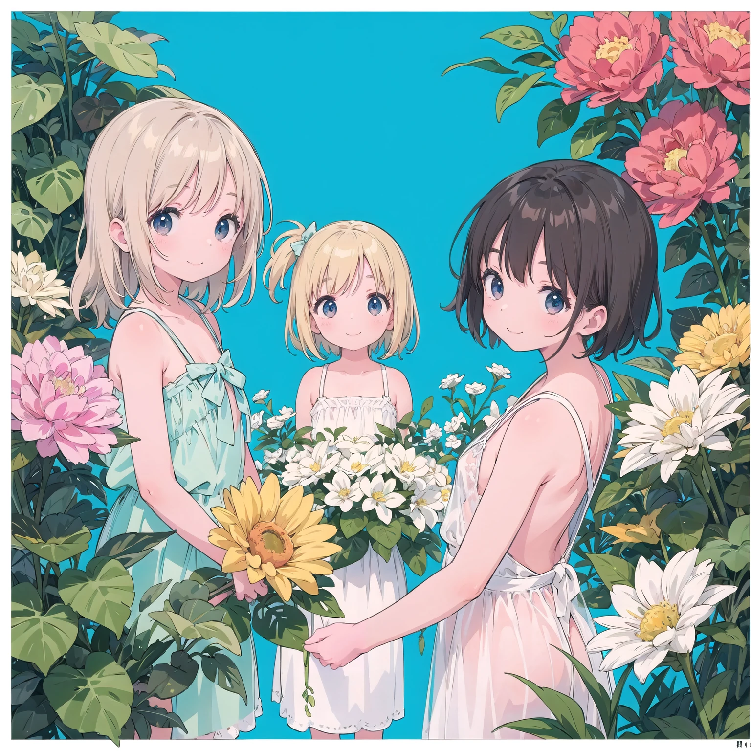 finely detailed illustration, best quality, masterpiece, vibrant color,8-year-old、pretty girl、Nude paintings、Happy smile、Beautiful background, Four Girls