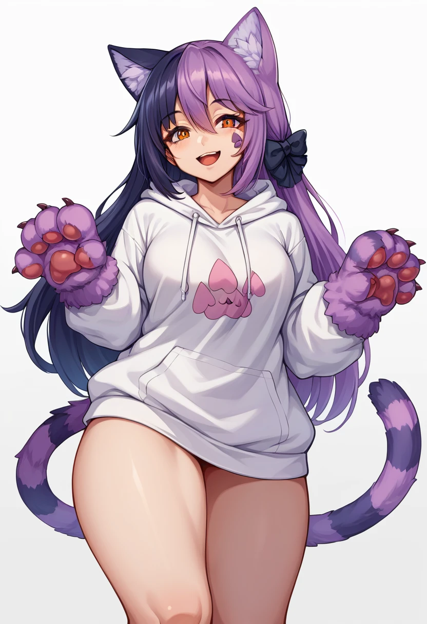 score_9, score_8_up, source_anime, CheshireMGE, two-tone hair, long hair, hair bow, cat paws, facial mark, striped tail, smile, open mouth, white hoodie, long sleeves, oversized hoodie, bottomless, thick thighs, v, simple background, white background,