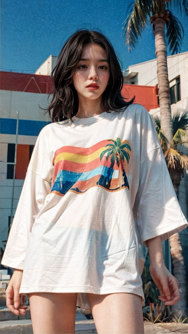((long shot photography)) ((best quality)), ((masterpiece)), (detailed),upper body,close-up, 8k, RAW photo,1 girl,real Polaroid photo, beautiful, ultra-realisticdetail face, light leak,dark intens shadow ,black bob hair, almond eye, no makeup, white tshirt, ((oversize_untucked tshirt)), peach color skirt, in front of ((80's mondrian architecture colorful motel)),(from below:1.2), (realistic:1.1), (surreal:1.2), (very detailed:1.1), ((masterpiece)),(sharp focus), (( palm trees)),summer, blue sky,sunny, los angles vibes
