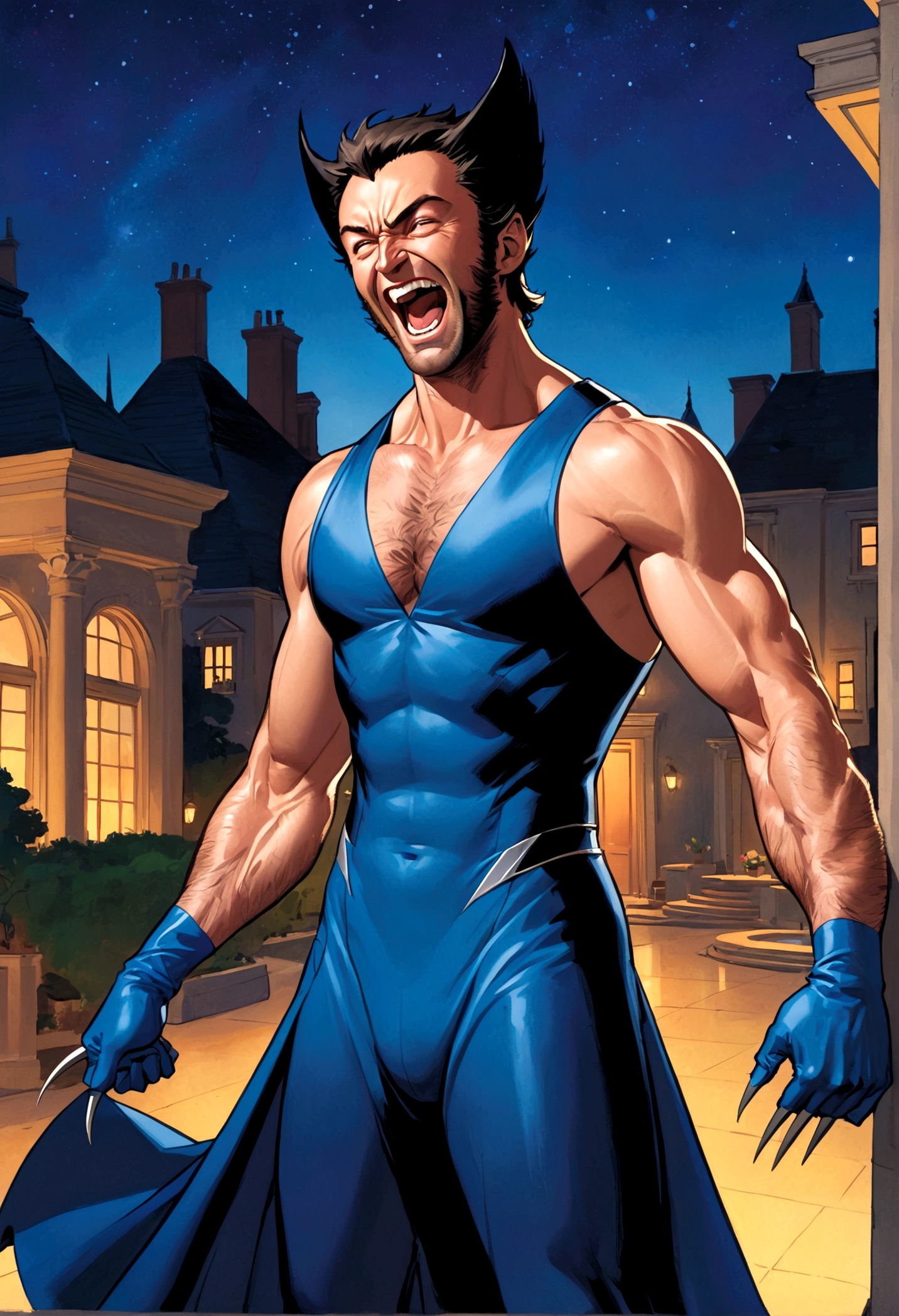 Marvel's Wolverine drunk at a , having fun, wearing a blue evening dress and laughing, X Men , X Men mansion
