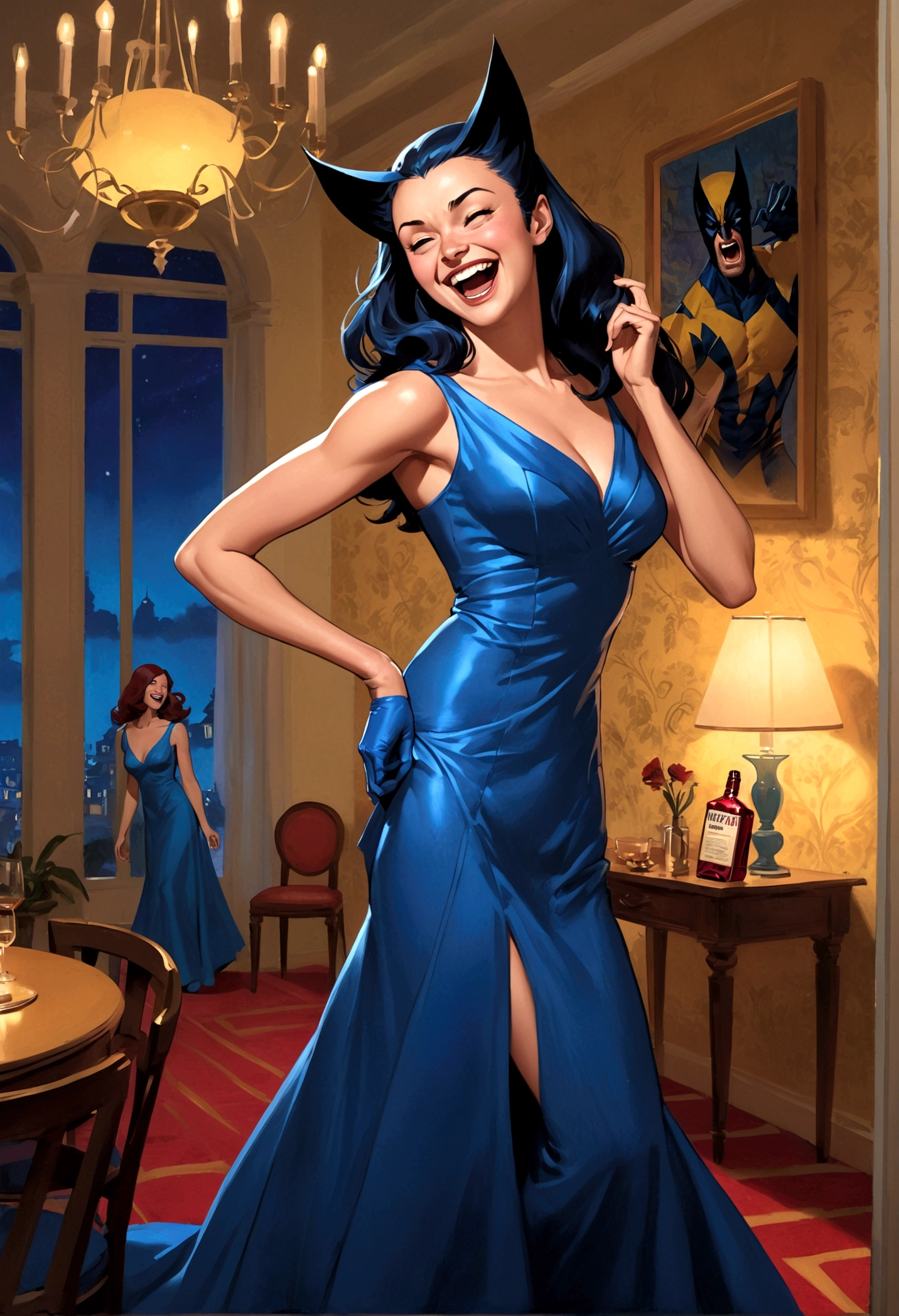 Marvel's Wolverine drunk at a , having fun, wearing a blue evening dress and laughing, X Men , X Men mansion