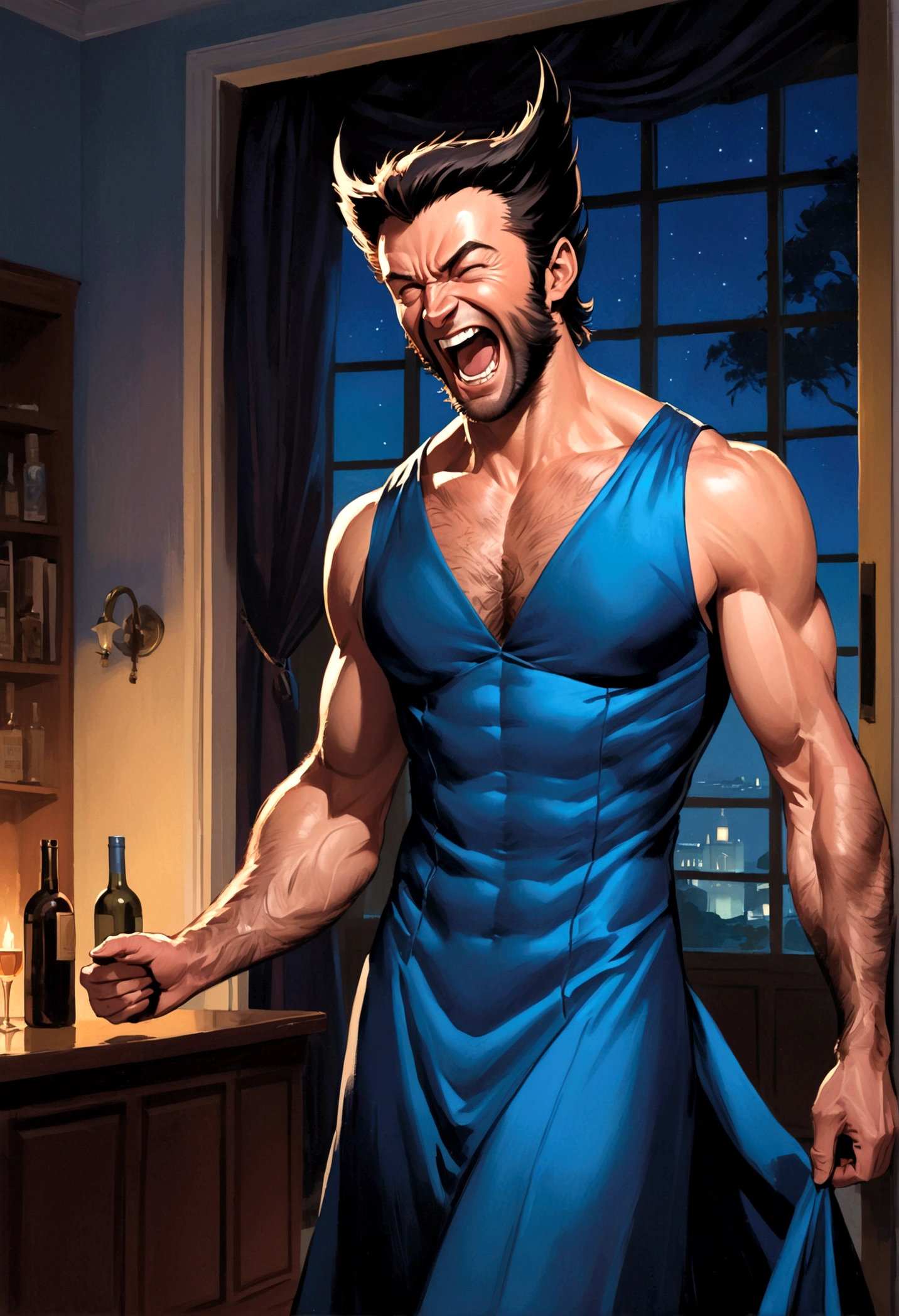 Marvel's Wolverine drunk at a , having fun, wearing a blue evening dress and laughing, X Men , X Men mansion
