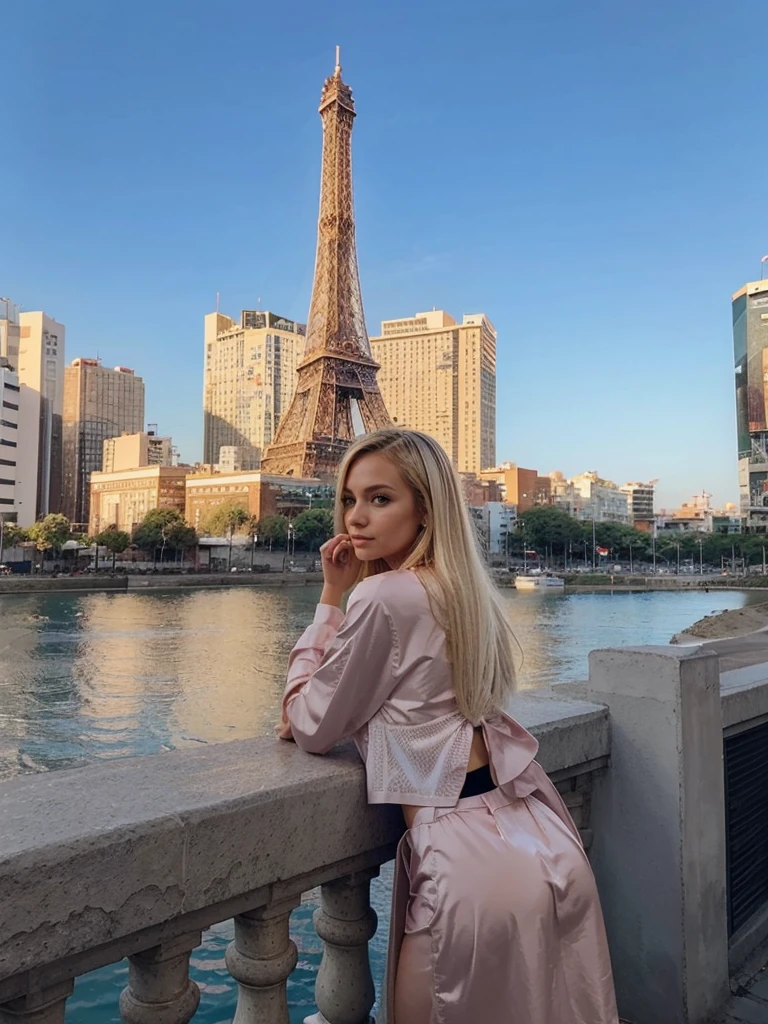Make blonde Amanda in the same pose wearing an identical outfit in a setting exactly like the one in the photo, cabelo loiro, bunda grande 