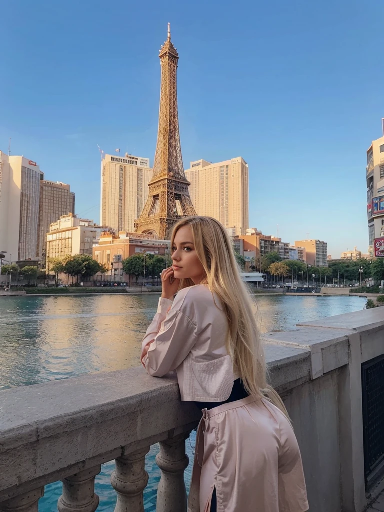Make blonde Amanda in the same pose wearing an identical outfit in a setting exactly like the one in the photo, cabelo loiro, bunda grande 