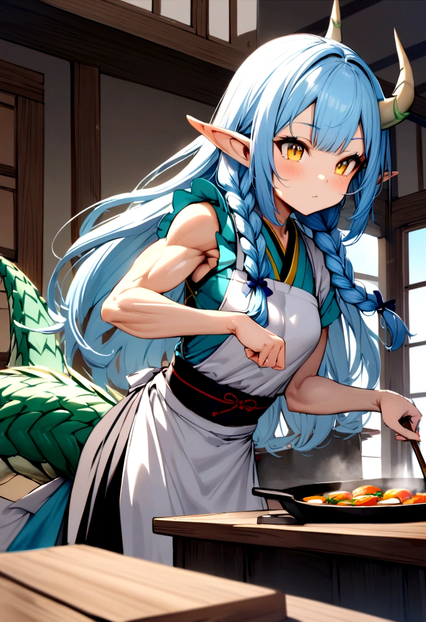 cute young girl, light blue hair, long hair, small braids hair, yellow eyes, dragon horn, dragon tail, elf ear, muscular body, small breast, sexy japanese outfit, apron, cooking pose