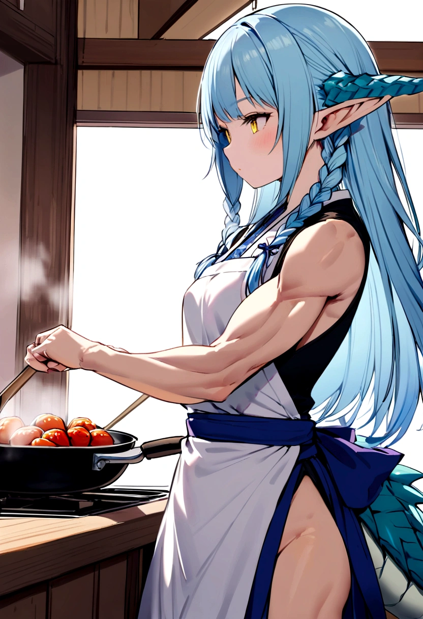 cute young girl, light blue hair, long hair, small braids hair, yellow eyes, dragon horn, dragon tail, elf ear, muscular body, small breast, sexy japanese outfit, apron, cooking pose