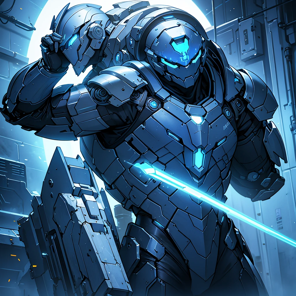 a cybernetic guardian, heroic male, wielding a shield, detailed armor, powerful mechanical suit, intricate machinery, glowing blue lights, dynamic pose, cinematic lighting, dramatic atmosphere, photorealistic, 8k, highly detailed, masterpiece, concept art style, blue colored armor