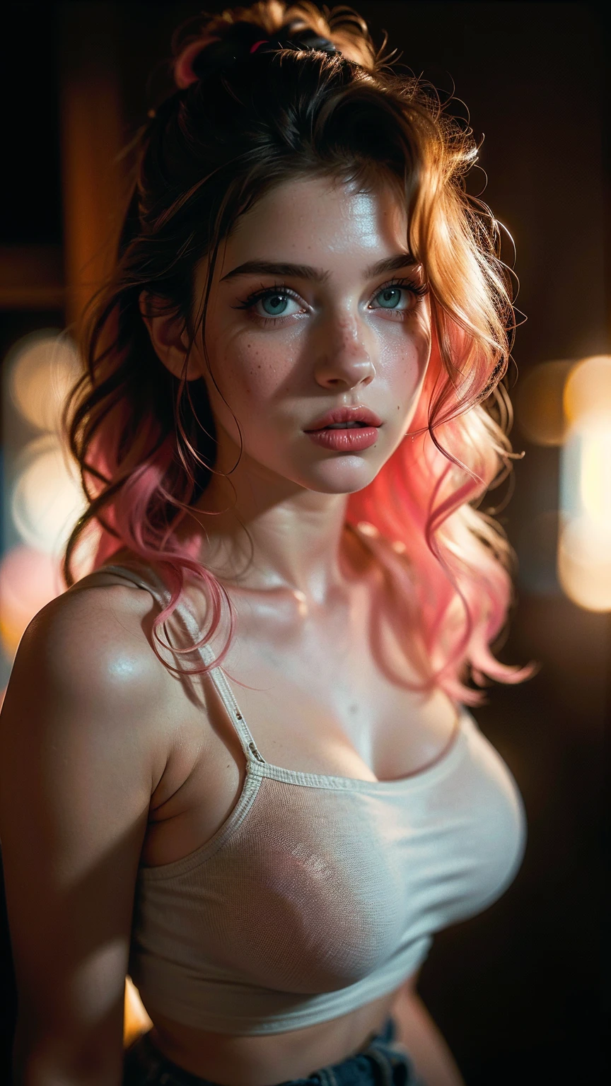 (((ultra realistic))) Photo, masterpiece, top quality, (pale skin), (Ultra detailed face and eyes:1.3), 1 girl, Adult, In Lifchik, ((Eye makeup, pink mascara)), ((large detailed lips)), ((pink wavy hair)), ((Stylish hairstyle)) , (Natural medium size breasts), Slim waist., wearing top and jeans ((Posing, Hand on face)), photoshoot, Studio soft lighting, (The play of light and shadows), depth of field, bokeh, (special attention to skin detail: 1.2), Detailed leather texture, skin pores. (Warm atmosphere of the frame. color scheme - black, Yellow, Tons), ((Grunge style)) , UDR, ((Film grain)), ((rays)), (Glare), ((waist up portrait, close to the camera)) , ultra detialed,