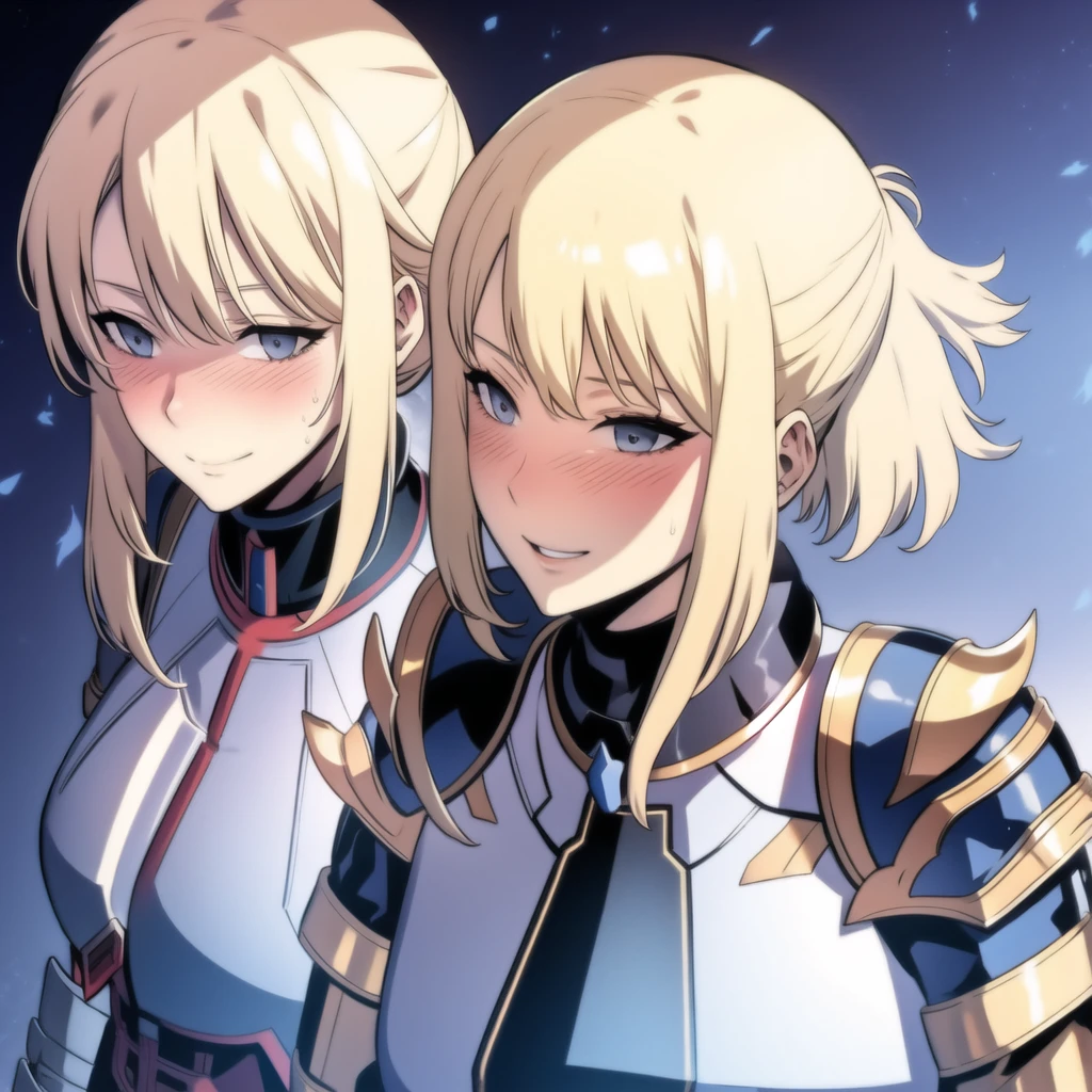 Blonde girl, blue eyes, armor, katana, smiling, light blush