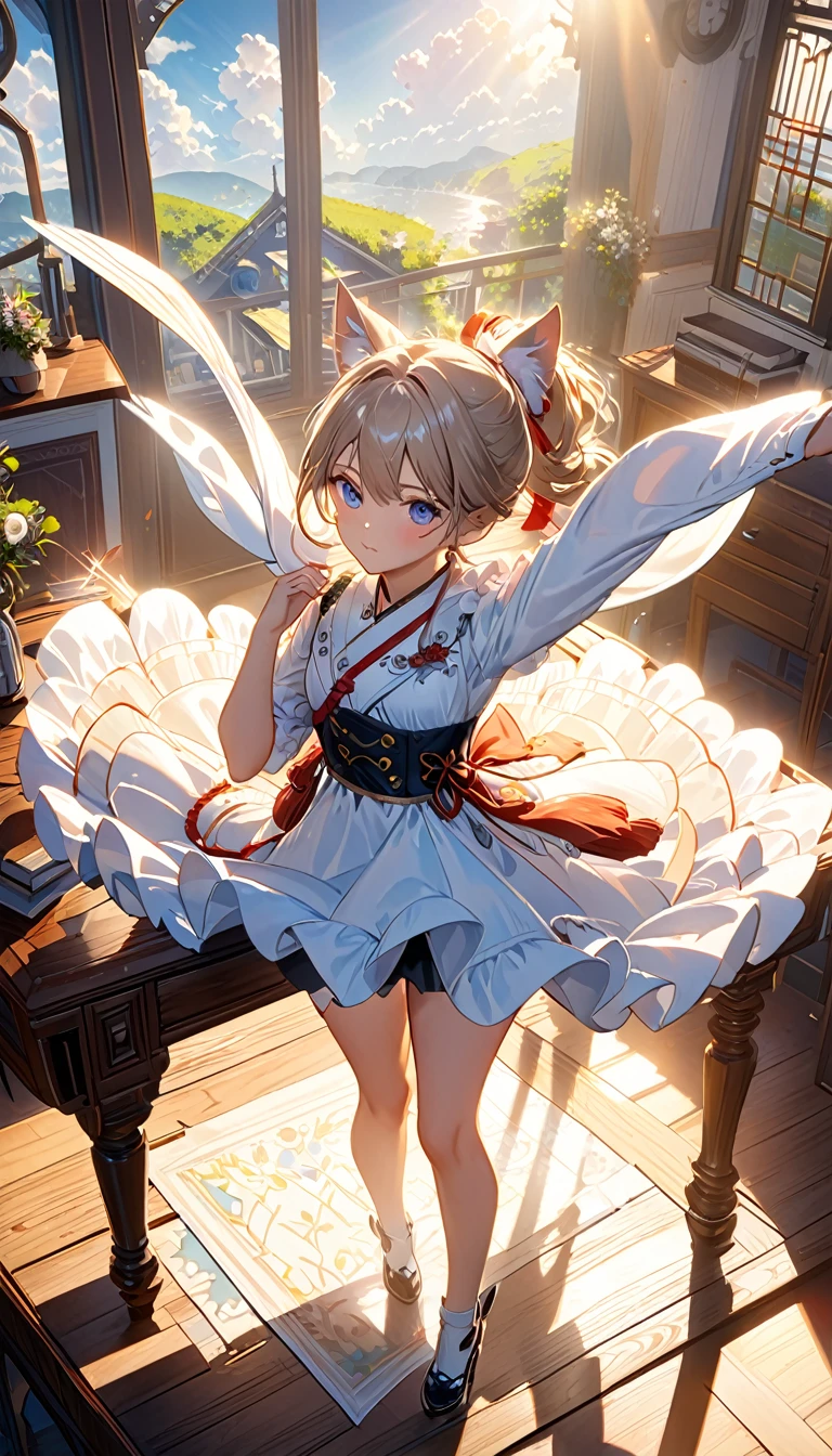 (8k、RAW Photos、Highest quality、look up:1.2、masterpiece:1.2、Genuineistic、Ultra-high resolution、High Contrast、Photon Mapping、Genuine、Very detailed、Official Art, RAW Photos、professional Lighting、 Light、Vivid atmosphere、twiceLight) (1 Girl),（One white kitten）,The morning sun shines in、Airship on antique desk&#39;VIP Room、The world map expands。Use the compass、Check the direction to your destination、Girl and white kitten、Feeling Hopeful, joy, Anxiety and.。VIP Roomから見える外の世界、Stars in the sky々And the Milky Way shines、The ancient city rises into the air like a heat haze.、On the ground、Surrounded by greenery、A medieval Roman city-state on a lake、Shining in the morning atmosphere of the excitement of adventure。High Fantasy Worldview,　A magnificent composition and beautiful depiction of proportions, Guardian nebula of rainbow Light and silvery vapor, Corrosion Surrounding Ray Family Color, Slimy air,
