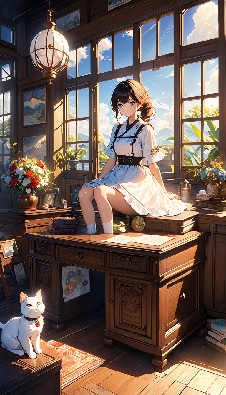 (8k、RAW Photos、Highest quality、look up:1.2、masterpiece:1.2、Genuineistic、Ultra-high resolution、High Contrast、Photon Mapping、Genuine、Very detailed、Official Art, RAW Photos、professional Lighting、 Light、Vivid atmosphere、twiceLight) (1 Girl),(One white kitten),The morning sun shines in、Airship on antique desk'VIP Room、The world map expands。Use the compass、Check the direction to your destination、Girl and white kitten、Feeling Hopeful, joy, Anxiety and.。VIP Roomから見える外の世界、Stars in the sky々And the Milky Way shines、The ancient city rises into the air like a heat haze.、On the ground、Surrounded by greenery、A medieval Roman city-state on a lake、Shining in the morning atmosphere of the excitement of adventure。High Fantasy Worldview, A magnificent composition and beautiful depiction of proportions, Guardian nebula of rainbow Light and silvery vapor, Corrosion Surrounding Ray Family Color, Slimy air,