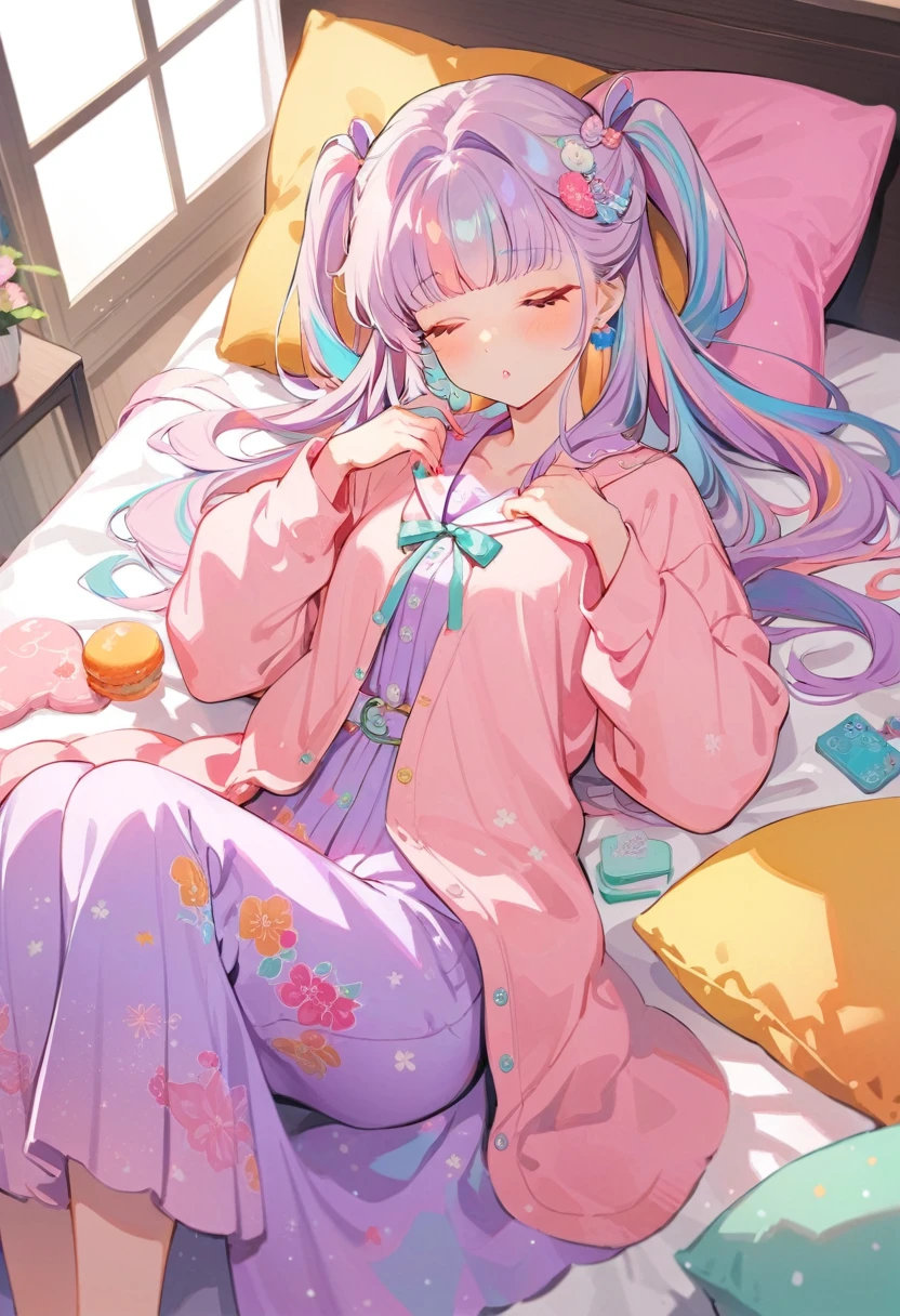 One girl,Sleeping in a bed in a room、Stylish、In love, Multicolored Hair, Long Hair, Retro costumes, pajamas,, Hyper Pop, , Retro feel, overview, masterpiece, Highest quality,