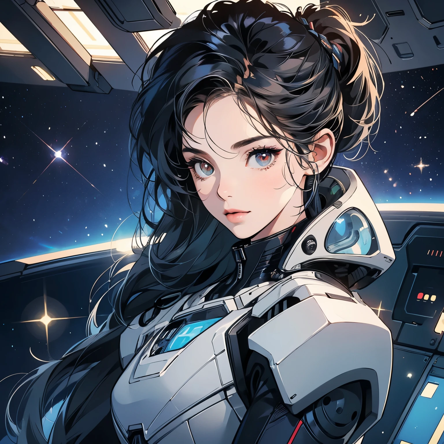 One beautiful woman, inside a spaceship, perfect machine, spacesuit, looking at camera, perfect face, shining eyes, zero gravity, outer space, lots of wires, switchboard, perfect and detailed machine, robot, detailed hair, (((Various angles))), cockpit, upper body shot, sparkling eyes, most beautiful woman alive, (((geometrical pattern))), Super detailed background, top quality, red eyes, Various unique hairstyles