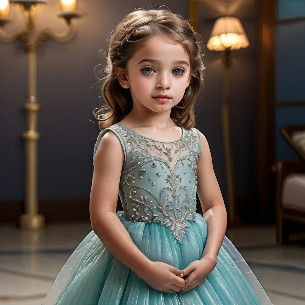 full body:1.6, a 3 year old girl wearing an evening dress, beautiful detailed eyes, beautiful detailed lips, extremely detailed eyes and face, long eyelashes, beautiful detailed dress, studio lighting, (best quality,4k,8k,highres,masterpiece:1.2),ultra-detailed,(realistic,photorealistic,photo-realistic:1.37),highly detailed,extremely detailed,intricate details,vibrant colors,soft lighting,warm color palette,beautiful scenery,stunning backdrop