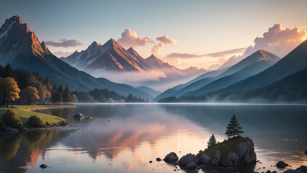 a traditional landscape of East Asia. It shows a quiet scene with hazy mountains in the background, a peaceful lake in the center, and many boats are floating on the water. There are trees and large rocks scattered everywhere, with pagoda-style houses hidden among the mountains. The sky is dyed pink and blue, suggestive of sunrise or sunset. This photo is interesting because of its peaceful combination and skillful use of water level to create depth and atmosphere for the painting.. Pretty
