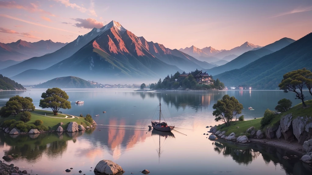 a traditional landscape of East Asia. It shows a quiet scene with hazy mountains in the background, a peaceful lake in the center, and many boats are floating on the water. There are trees and large rocks scattered everywhere, with pagoda-style houses hidden among the mountains. The sky is dyed pink and blue, suggestive of sunrise or sunset. This photo is interesting because of its peaceful combination and skillful use of water level to create depth and atmosphere for the painting.. Pretty
