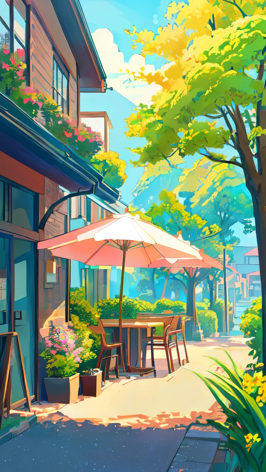 Anime style street scene,There are tables and umbrellas, anime background technology, Cozy cafe background, Anime Background, Beautiful anime scene, beautiful Anime Landscape, Relaxation concept art, Anime Landscape, 丰富多彩的Anime Background, Anime Landscape concept art, Landscape Artwork, Relaxed atmosphere, At a roadside cafe, Summer Afternoon, background technology, Anime beautiful peaceful scene, relaxing environment, Anime Aesthetics