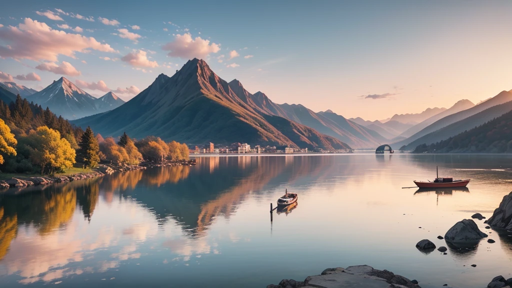 a traditional landscape of East Asia. It shows a quiet scene with hazy mountains in the background, a peaceful lake in the center, and many boats are floating on the water. There are trees and large rocks scattered everywhere, with pagoda-style houses hidden among the mountains. The sky is dyed pink and blue, suggestive of sunrise or sunset. This photo is interesting because of its peaceful combination and skillful use of water level to create depth and atmosphere for the painting.. Pretty