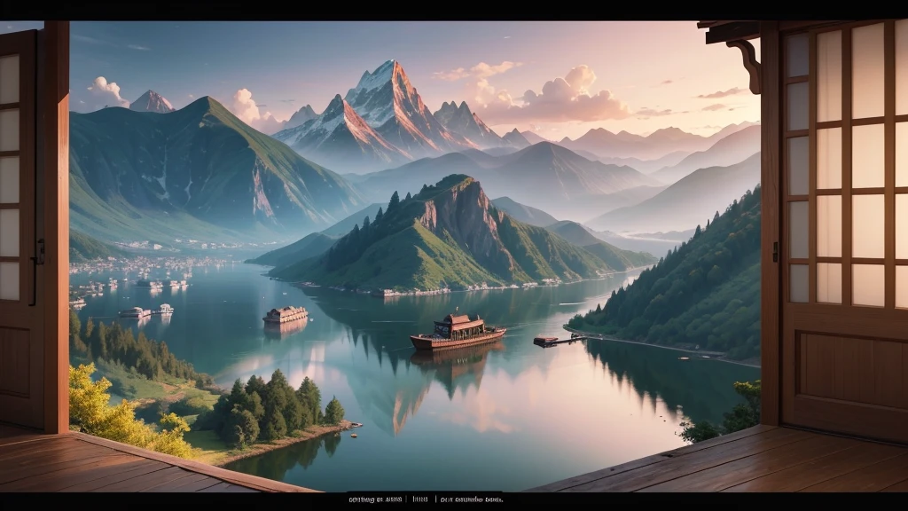 a traditional landscape of East Asia. It shows a quiet scene with hazy mountains in the background, a peaceful lake in the center, and many boats are floating on the water. There are trees and large rocks scattered everywhere, with pagoda-style houses hidden among the mountains. The sky is dyed pink and blue, suggestive of sunrise or sunset. This photo is interesting because of its peaceful combination and skillful use of water level to create depth and atmosphere for the painting.. Pretty