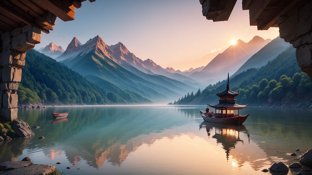 a traditional landscape of East Asia. It shows a quiet scene with hazy mountains in the background, a peaceful lake in the center, and many boats are floating on the water. There are trees and large rocks scattered everywhere, with pagoda-style houses hidden among the mountains. The sky is dyed pink and blue, suggestive of sunrise or sunset. This photo is interesting because of its peaceful combination and skillful use of water level to create depth and atmosphere for the painting.. Pretty