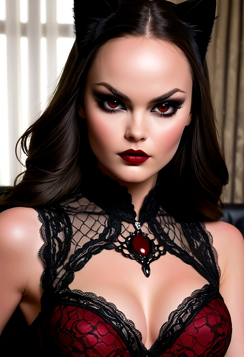Tori Black lace catwoman, black hair, dark red glossy lips, heavy black eye shadow long black eyeliner black lace beautiful and creative sleeveless outfit, incredible and fantastic with no gaps face mask, forehead lace ornament, sharp claws posing on a sensual bed fierce expression dark ambience. No faces on her chest!