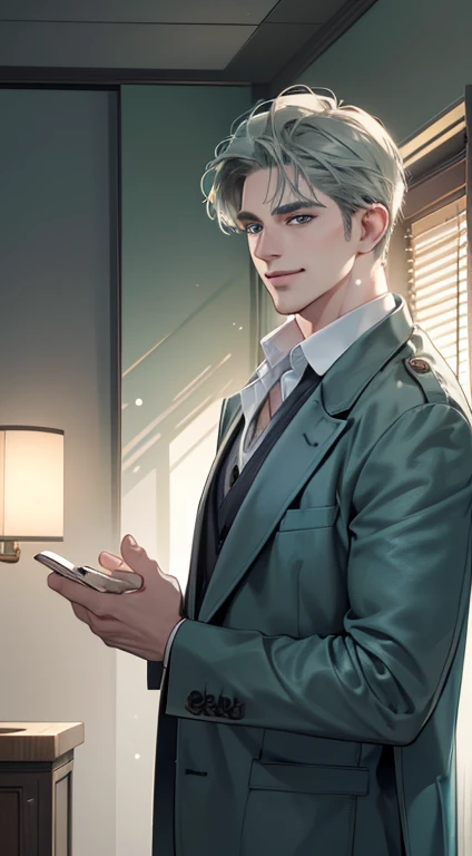 (best quality, masterpiece, 8K, photorealistic, cinematic lighting, 1:4 hdr image, ultra detailed, beautiful image), a mature man, 34 years very handsome, ((cold expression smile in love)), short green grey hair, blue eyes, face perfect without mistakes, ((buttoning his jacket, CEO))