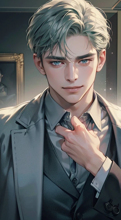 (best quality, masterpiece, 8K, photorealistic, cinematic lighting, 1:4 hdr image, ultra detailed, beautiful image), a mature man, 34 years very handsome, ((cold expression smile in love)), short green grey hair, blue eyes, face perfect without mistakes, ((buttoning his jacket, CEO))