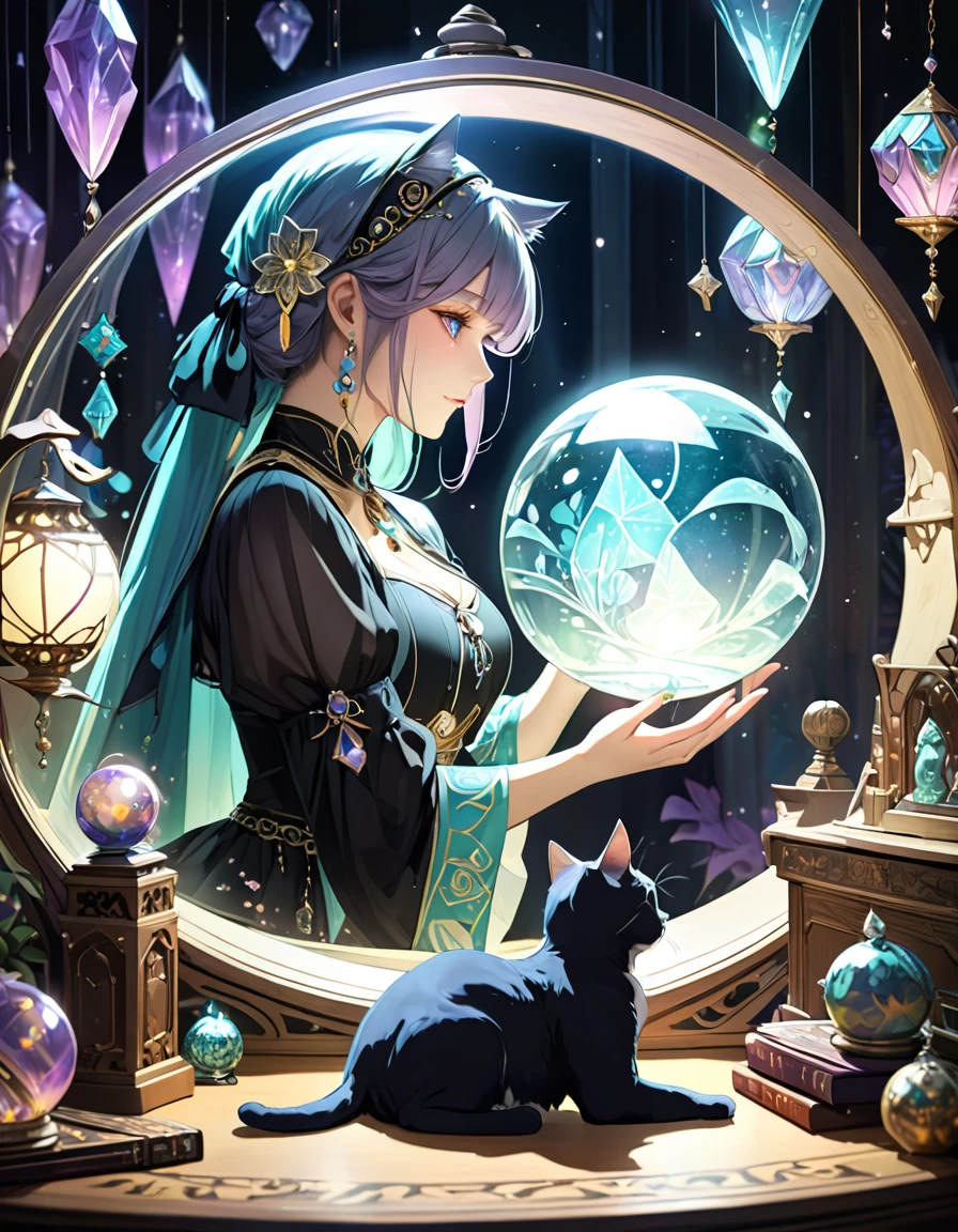 profile,A kind fortune teller,There is a cat nearby,Attention to detail,Beautiful crystal ball,Mysterious atmosphere,