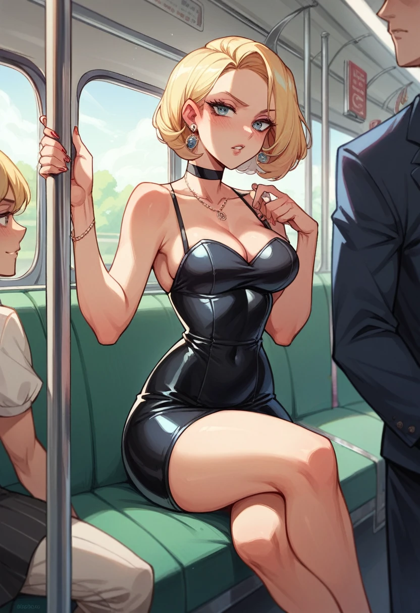 Tram interior, femme blonde sexy de 50ans porte un tailleur rose en latex,Des bas résille, mischievous 