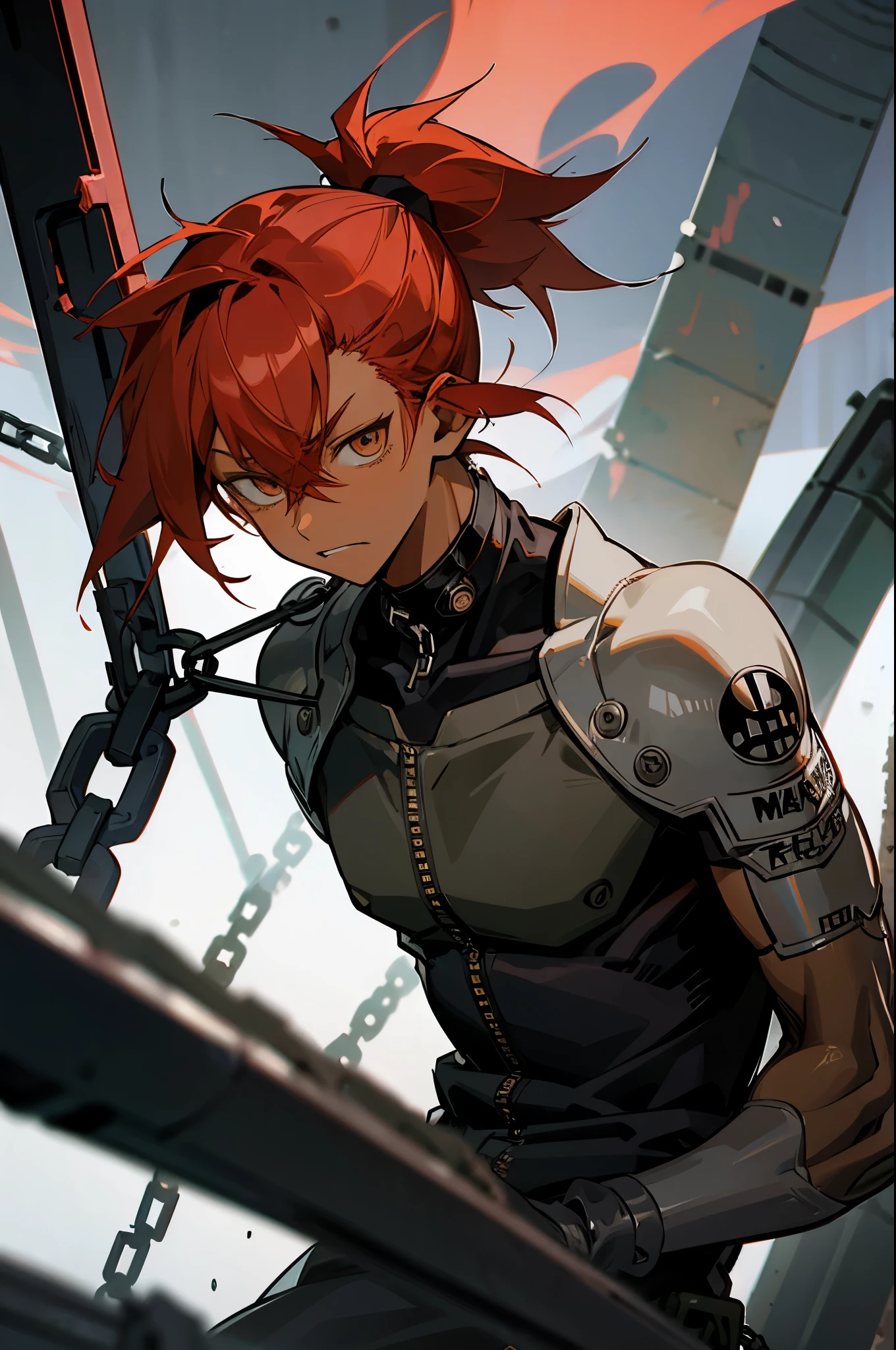 anime, illustrate, boy, anime styled, character design, 2d, y2k, grunge, cyber, red hair, emo, tan, dark skin, emo, chains, black, ponytails, boy, edgy
