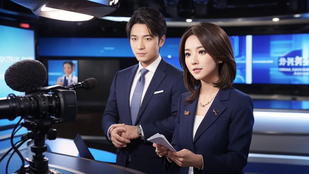 A beautiful news anchor in a suit during a live news broadcast