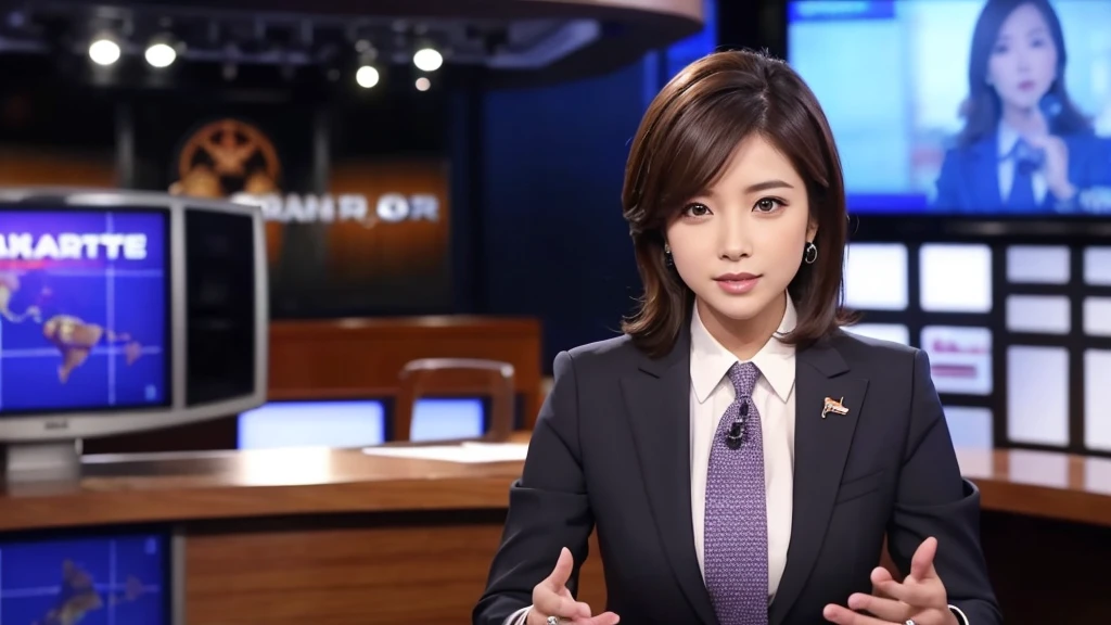 A beautiful news anchor in a suit during a live news broadcast