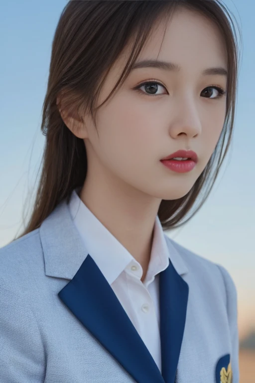 detailed and realistic portrait of a girl with a clean face), (round eyes and long flutters hair shot outside),staring at camera,magical photography, with dramatic lighting, photo realism, Ultra-detailed, (centered image composition), (close up shot:1.6),Best Quality,f/1. 8, 85mm, (18-year-old Asian female), black_heads,(black_eyes:1.2),(bangss),makeups,white_one-piece, (hazy blue_sky_Background with), ((full body shooting)), (Yellow Blazer, bows, Sneakers, Black stockings, High School Uniform: 1.2, )