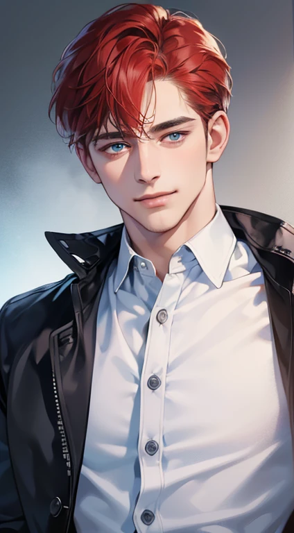 (best quality, masterpiece, 8K, photorealistic, cinematic lighting, 1:4 hdr image, ultra detailed, beautiful image), a mature man, 34 years very handsome, ((cold expression smile in love)), short red hair, blue eyes, face perfect without mistakes, ((buttoning his jacket, CEO))