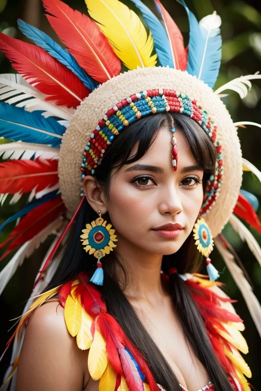 indigenous brazilian wonderful woman with headdress cocar made from red blue and yellow feather , best quality, hight quality, pretty womam