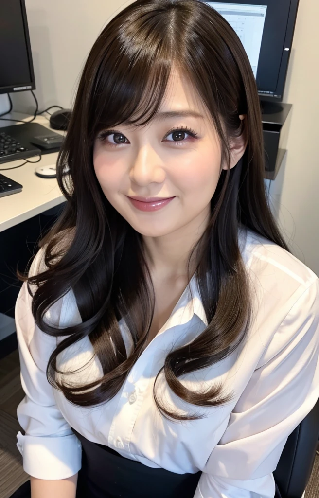 (Best quality, 8k, 32k, Masterpiece, UHD:1.2), from front, 1 girl, beautiy Japanese office lady, (smile:0.5), (looking at the the viewer), 30 years old, bit chubby:0.2, white shirt, black skirt, office room, desk, detailed beautiful face, twin-tail wavy hair, from below,