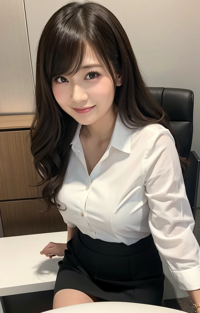 (Best quality, 8k, 32k, Masterpiece, UHD:1.2), from front, 1 girl, beautiy Japanese office lady, (smile:0.5), (looking at the the viewer), 30 years old, bit chubby:0.2, white shirt, black skirt, office room, desk, detailed beautiful face, twin-tail wavy hair, from below,